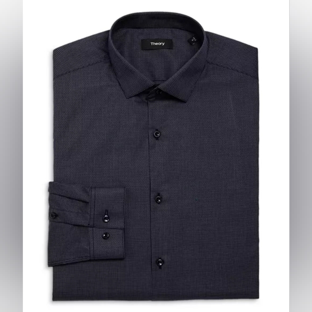 Theory Cedrick Zino Grid Print Dress Shirt Men's 15.5R Charcoal Baltic